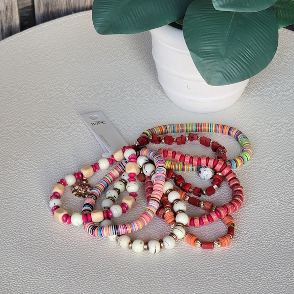 AVEC Colorful Red & Gold Tones Stretchy Beaded Bracelet Set of 7 - Picture 2 of 10